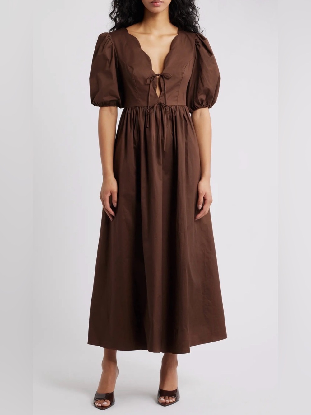 Petal & Pup Karly Maxi Dress Brown Puff-Sleeve with Tie Front Scallop Neckline